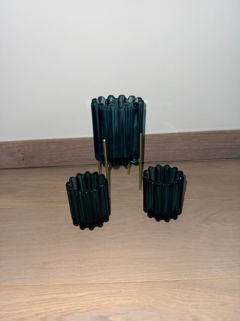 Set van 3 glazen theelichthouders met goudkleurige standaard, Maison & Meubles, Accessoires pour la Maison | Bougeoirs & Bougies