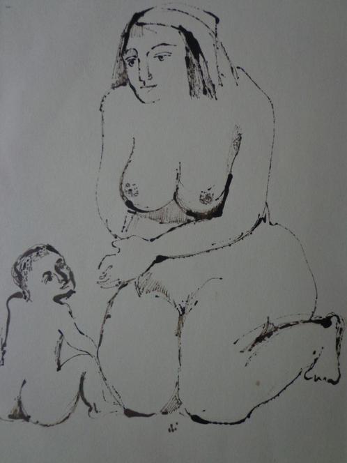 dessin femme nue assise et enfant illisible, Antiquités & Art, Art | Dessins & Photographie, Enlèvement ou Envoi