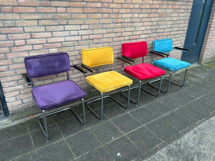 4 Ribstof Stoelen met Chrome Buisframe, Huis en Inrichting, Stoelen, Gebruikt, Vier, Hout, Metaal, Stof, Rood, Ophalen
