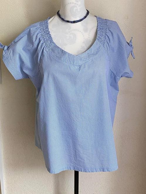 Blauw/witte ginghamblouse met bardotkraag - Maat 46/48 (L), Kleding | Dames, Blouses en Tunieken, Ophalen of Verzenden