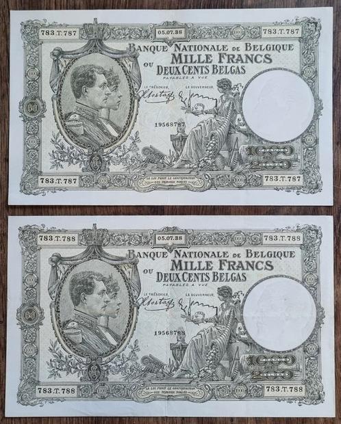 2x 1.000 Francs 1938 Nat. Reeks / Opeenvolgende nrs. !! AUNC, Postzegels en Munten, Bankbiljetten | België, Setje, Ophalen of Verzenden