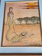Zeer mooi schilderij De onbekende vrouw met luipaard gesigne, Ophalen of Verzenden