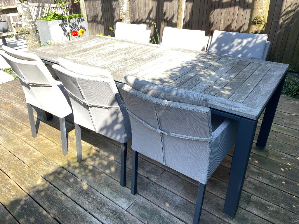 Tuintafel met 6 stoelen, Tuin en Terras, Tuintafels, Gebruikt, Rechthoekig, Teakhout, Ophalen