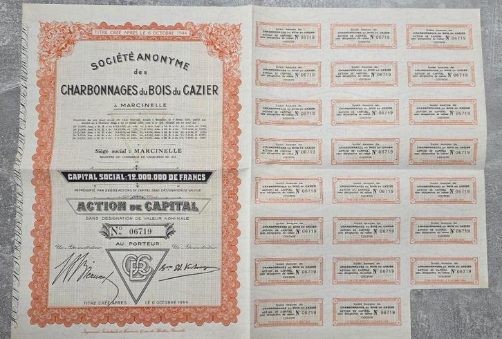 Titre au porteur+Marcinelle+Bois du Cazier+Charbonnages, Timbres & Monnaies, Actions & Titres, Action, 1920 à 1950, Enlèvement