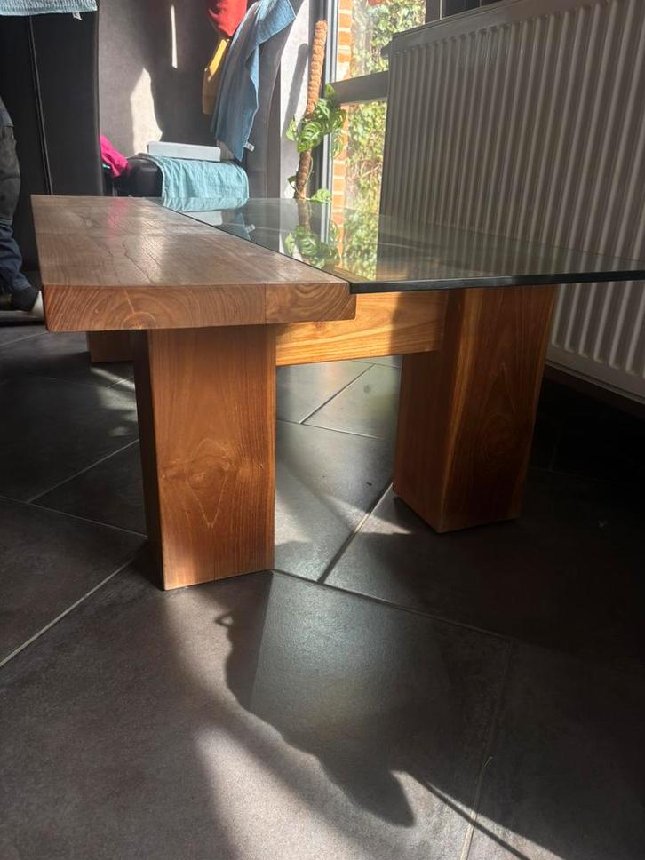 Table basse bois massif + verre, Maison & Meubles, Tables | Tables de salon, Comme neuf, Verre, Enlèvement