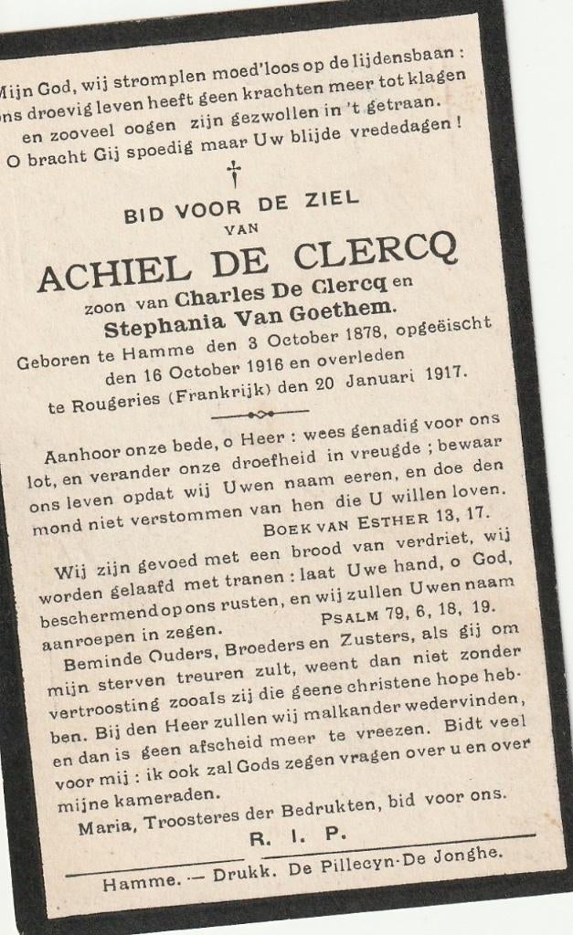 Oorlogsslachtoffer   1914-1918 Achiel De Clercq, Verzamelen, Bidprentjes en Rouwkaarten, Ophalen