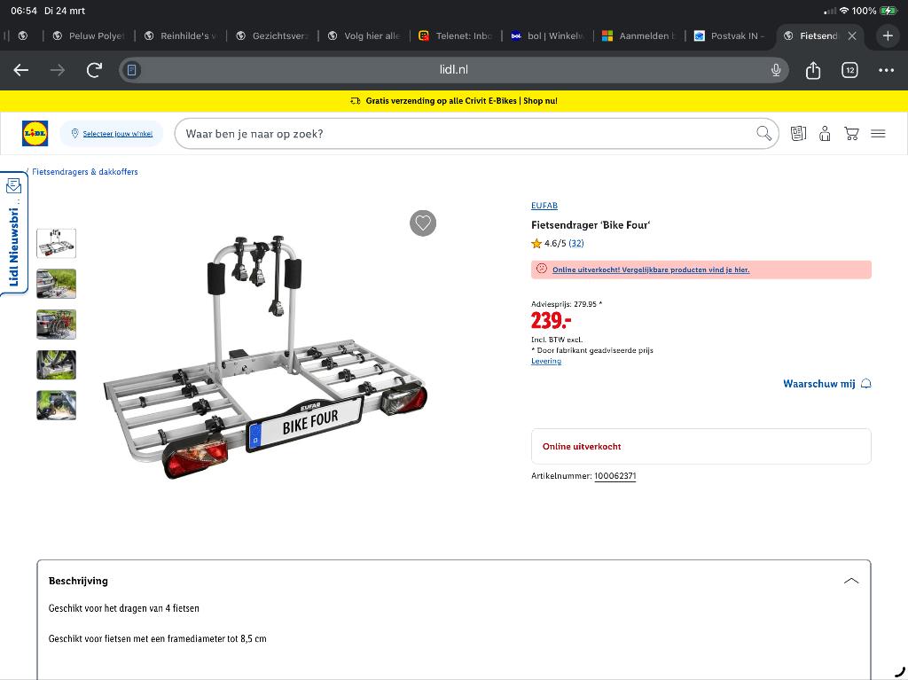 Fietsdrager en hondenmanden, Ophalen, 3 fietsen of meer, Zo goed als nieuw, Trekhaakdrager