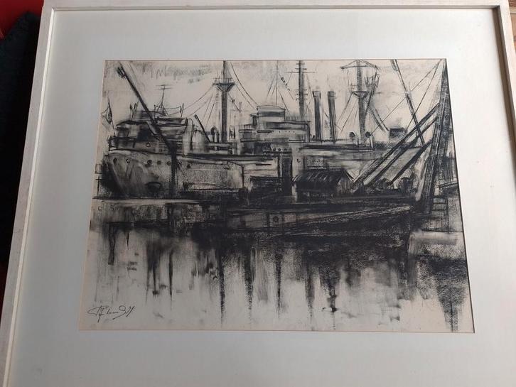 Leo Bosselaers  Mechelen 1933  Haven Antwerpen, Antiek en Kunst, Kunst | Tekeningen en Fotografie, Verzenden