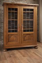 Massief eiken bibliotheekkast met glas in lood - Boekenkast, Zie foto's, Comme neuf, 100 à 150 cm, Avec tablette(s)