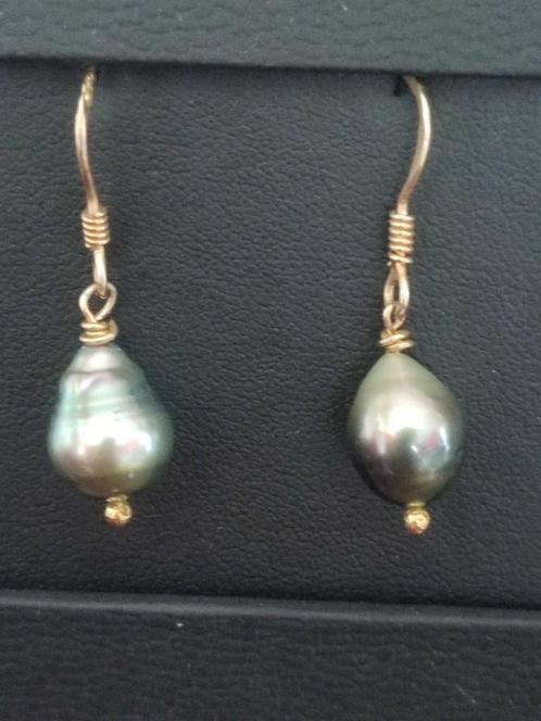 Verguld zilveren oorhangers met Tahiti parels, Handtassen en Accessoires, Oorbellen, Zo goed als nieuw, Hangers, Zilver, Grijs