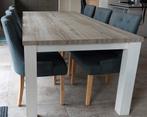 Landelijke eetkamertafel met 7 grijze gestoffeerde stoelen, Huis en Inrichting, Tafels | Eettafels, Ophalen, Gebruikt, 100 tot 150 cm