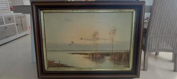 Originele olie schilderij landschap met wegvliegende eenden  beschikbaar voor biedingen