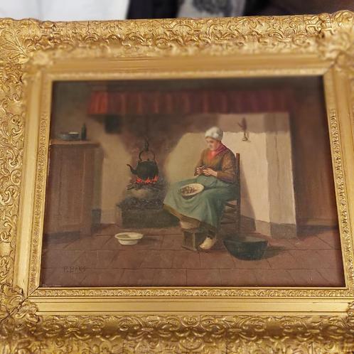 Schilderij van P.Baks - Interieur met vrouw bij de haard, Antiek en Kunst, Kunst | Schilderijen | Klassiek, Ophalen