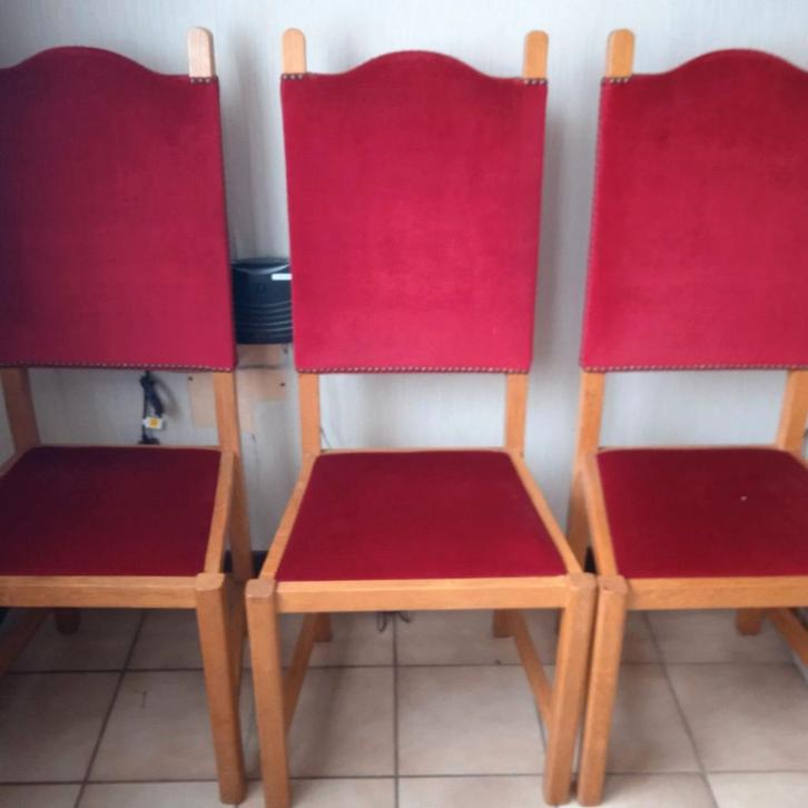 6 eiken kwaliteitsstoelen, met fluweelstof, hoge zitting, Huis en Inrichting, Stoelen, Zo goed als nieuw, Stof, Ophalen of Verzenden