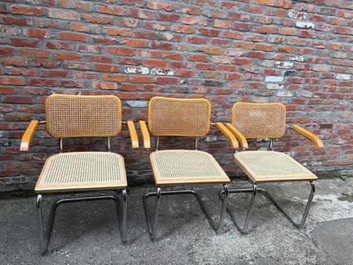 3 stoelen Marcel Breuer Thonet S64 met nieuwe zittingen, Huis en Inrichting, Stoelen, Gebruikt, Drie, Hout, Metaal, Riet of Rotan