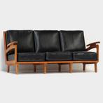 Canapé lounge vintage élégant en chêne et cuir noir, Noir, Enlèvement ou Envoi