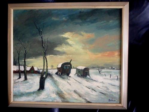 (André) De Man (1925-2002) - Paysage hivernal avec caravane, Antiquités & Art, Art | Peinture | Classique, Enlèvement ou Envoi