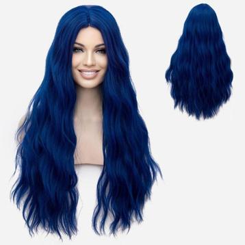 Pruik lang haar met golfjes zonder pony in koningsblauw beschikbaar voor biedingen