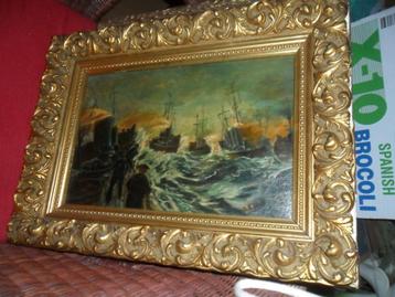 Antiek schilderij  ## schepen , storm op zee ##