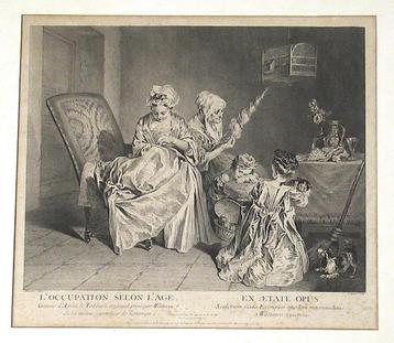 Antiek gravure C. Dupuis L'occupation selon l'age, rond 1731 beschikbaar voor biedingen