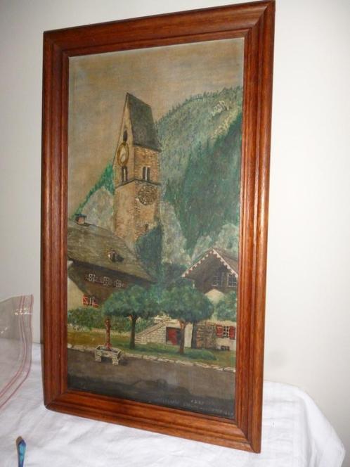 Tableau ancien 1947 signé J.H. DAVIN Interlaken Kirche, Antiquités & Art, Art | Peinture | Classique, Enlèvement