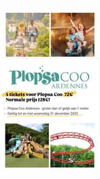 Plopsa Coo Ardennen 4 tickets voor 72€ ipv 128€!, Tickets en Kaartjes