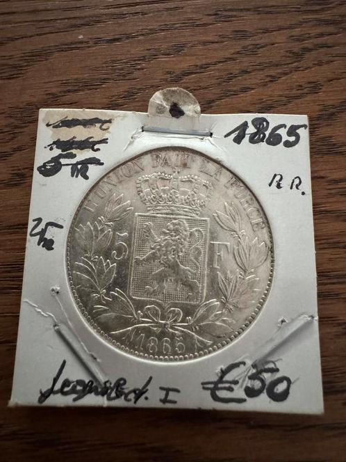 5 Frank 1865 Leopold 1 (123), Postzegels en Munten, Munten | België, Zilver, Ophalen of Verzenden