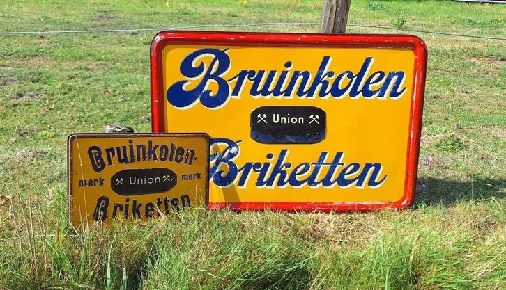 Antieke reclameborden, bord Union bruinkolen briketten🔥, Verzamelen, Merken en Reclamevoorwerpen, Gebruikt, Reclamebord, Ophalen of Verzenden
