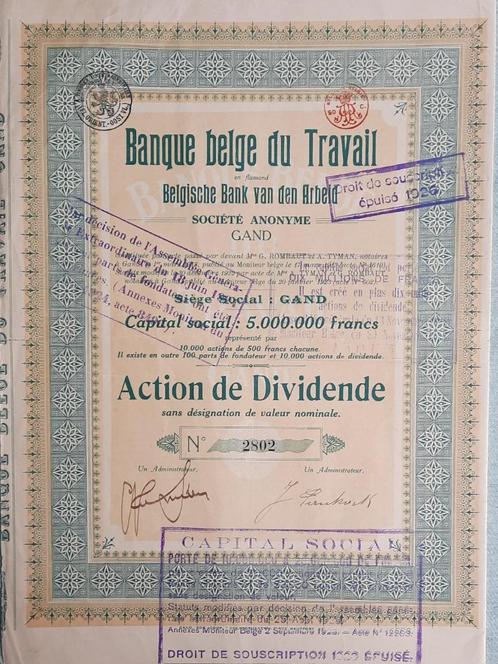 Banque Belge du Travail - action de dividende - Gand - 1923, Postzegels en Munten, Aandelen en Waardepapieren, Aandeel, 1920 tot 1950