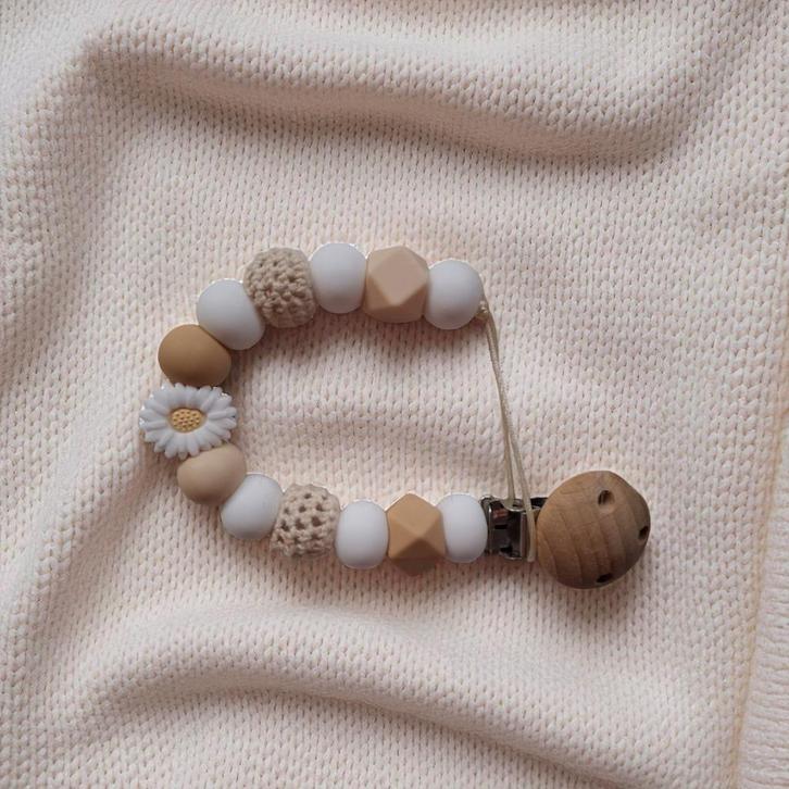 Speenkoord wit beige met wit bloemetje, Kinderen en Baby's, Babymode-accessoires, Nieuw, Verzenden