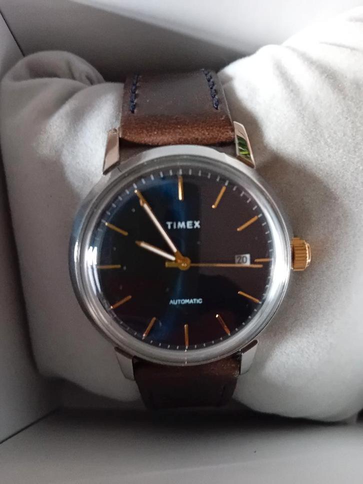 Timex Marlin automatic, Handtassen en Accessoires, Horloges | Heren, Zo goed als nieuw, Polshorloge, Overige merken, Staal, Leer