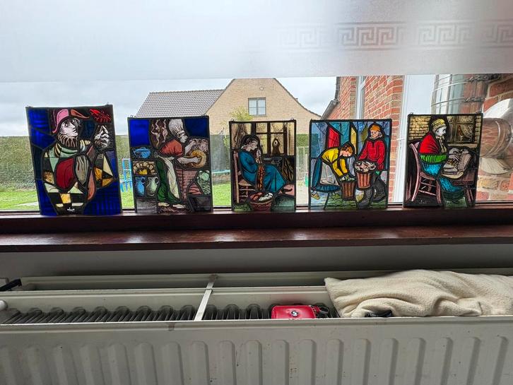5 vintage glas in lood raamhangers (1850-1950), Antiek en Kunst, Antiek | Glaswerk en Kristal, Ophalen