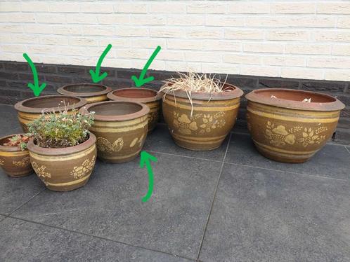 4x Large bruine terracotta pot bloempot met tekening tuin, Tuin en Terras, Bloempotten, Terracotta, Binnen, Tuin, Ophalen of Verzenden
