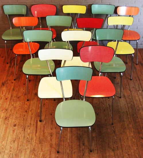 Formica Stoelen / Groen Geel Blauw Oranje Rood Bruin grijs, Huis en Inrichting, Stoelen, Zo goed als nieuw, Hout, Kunststof, Metaal