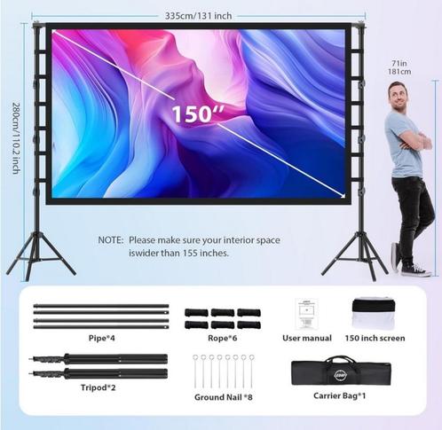 Écran de Projection 150 Pouces avec Support Portatif, Audio, Tv en Foto, Projectieschermen, Zo goed als nieuw, Ophalen
