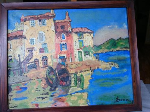 Schilderij Boten bij huizen bij meertje met op de achter, Antiek en Kunst, Kunst | Schilderijen | Klassiek, Ophalen of Verzenden