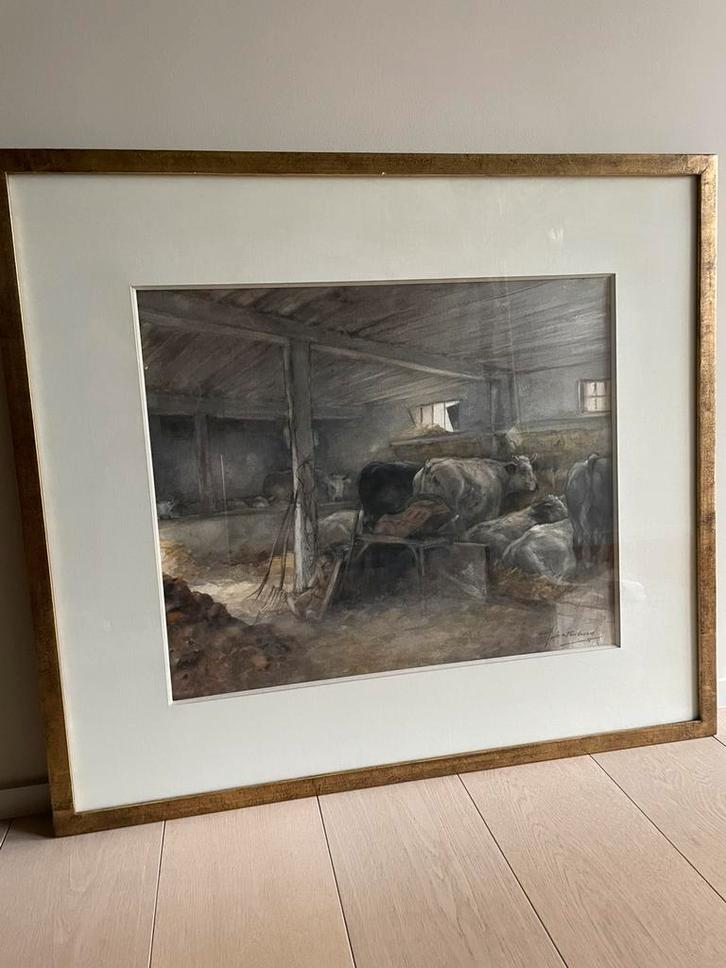 Aquarel - koeienstal - Jean Batenburg, Antiek en Kunst, Kunst | Schilderijen | Klassiek, Ophalen