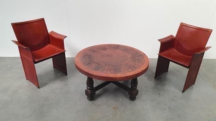 vintage Angel Pazmino cognac leren salontafel, Antiquités & Art, Antiquités | Meubles | Tables, Enlèvement