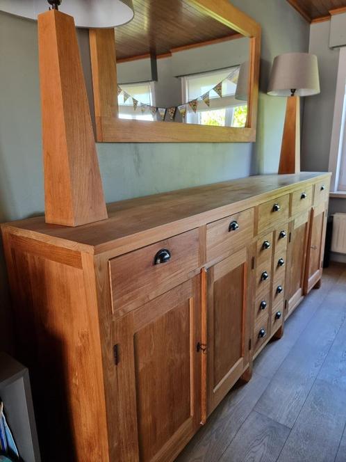 Set landelijke teak meubels – dressoir, spiegel & 2 lampen, Huis en Inrichting, Kasten | Dressoirs, Zo goed als nieuw, 200 cm of meer