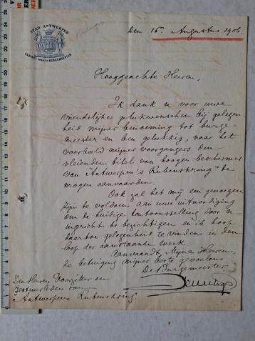 Handgeschreven brief Alphonse Hertogs burgemeester Antwerpen beschikbaar voor biedingen