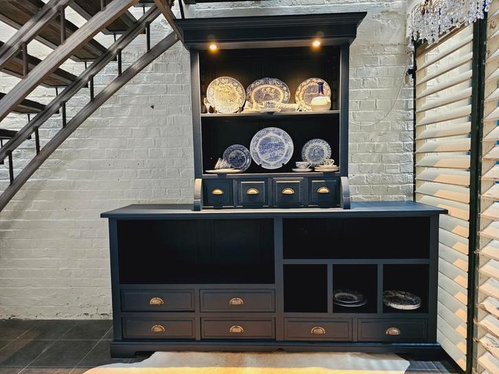 Landelijke vintage kast blauw apothekerskast toonbank buffet, Huis en Inrichting, Kasten | Buffetkasten, Nieuw, 200 cm of meer