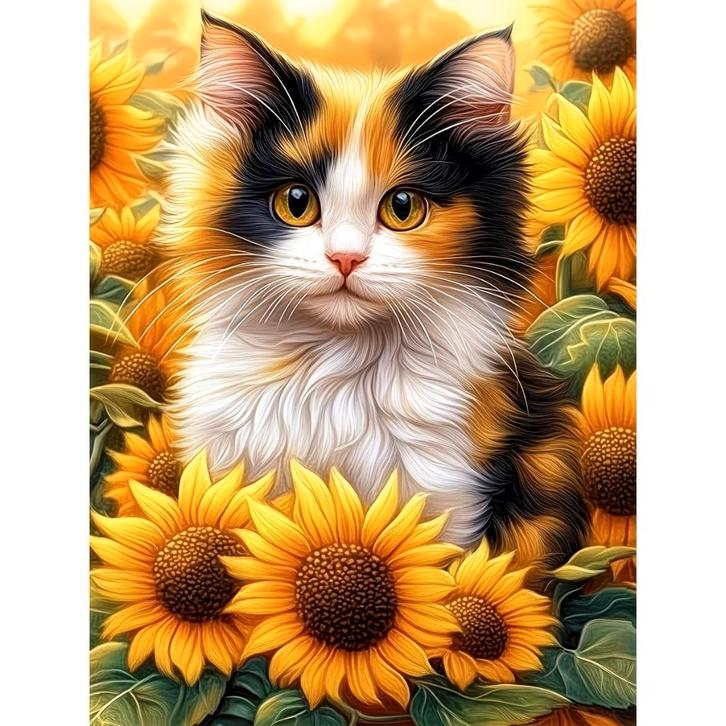 Peinture au diamant pour chat et tournesols 50x40cm (rond), Hobby & Loisirs créatifs, Bricolage, Neuf, Bricolage, Enlèvement ou Envoi