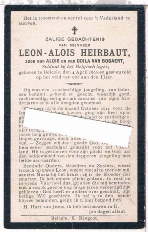 Soldaat. Heirbaut Leon. ° Belcele 1890 † Aan den IJzer 1914, Verzamelen, Bidprentjes en Rouwkaarten, Bidprentje, Ophalen of Verzenden