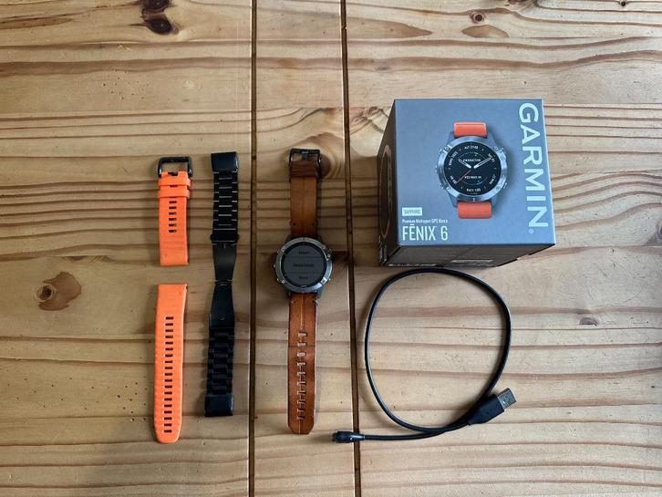 Garmin Fenix 6 Pro Sapphire Titanium + bandjes, Handtassen en Accessoires, Sporthorloges, Zo goed als nieuw, Android, Zilver, Afstand