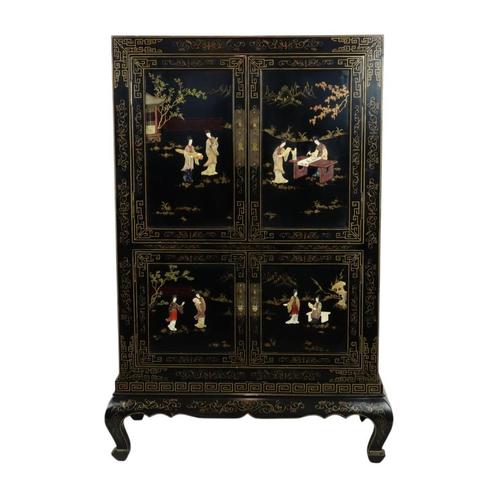 Vintage Chinese Bar Kast Zwartgelakt Hout Zeepsteen Parelmoe, Antiek en Kunst, Curiosa en Brocante, Ophalen