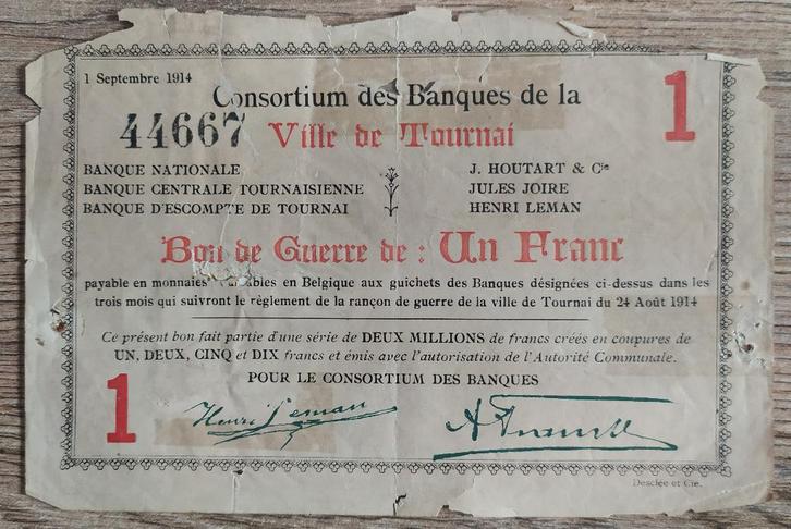 1 Franc Tournai/Doornik 1914 - Noodgeld, Verzamelen, Militaria | Algemeen, Overige soorten, Kunstobject, Ophalen of Verzenden