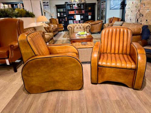 2 Cognac Schapenleren clubfauteuil schaapsleder Chesterfield, Antiek en Kunst, Antiek | Meubels | Stoelen en Sofa's, Ophalen of Verzenden