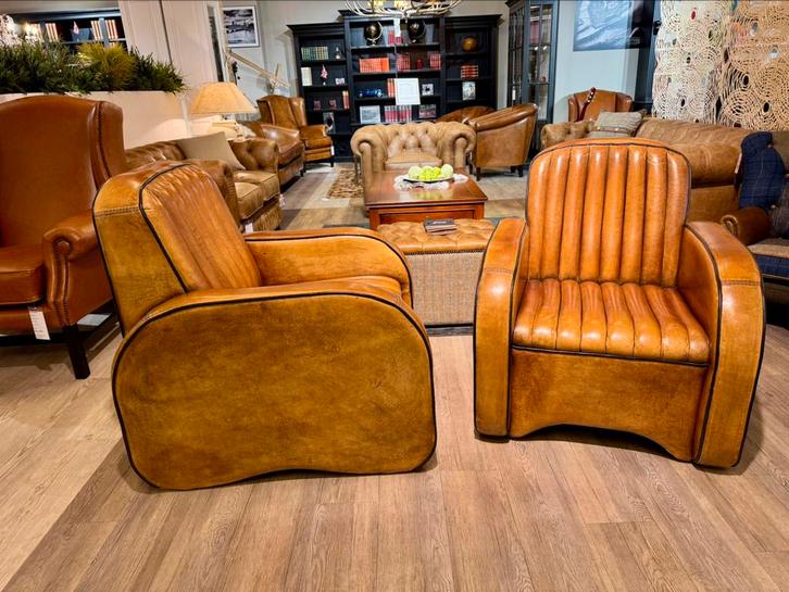 2 Cognac Schapenleren clubfauteuil schaapsleder Chesterfield, Antiek en Kunst, Antiek | Meubels | Stoelen en Sofa's, Ophalen of Verzenden