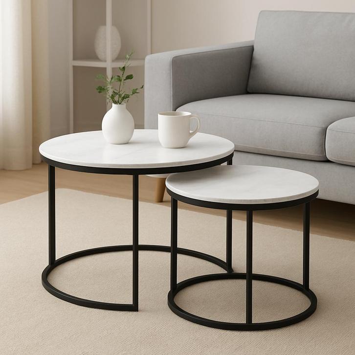 Ronde bijzettafel met marmereffect—60en 40 cm — zwart metaal, Huis en Inrichting, Tafels | Bijzettafels, Nieuw, Rond, 45 tot 60 cm