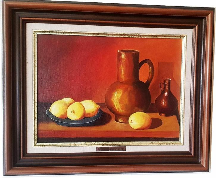 Olieverf schilderij stilleven kruik met citroenen, Antiek en Kunst, Kunst | Schilderijen | Klassiek, Ophalen of Verzenden